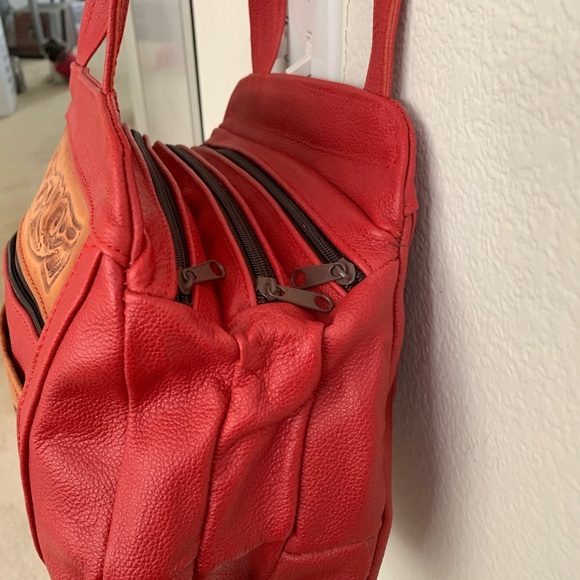 Handcrafted Red Leather Bag with Floral Design - Picture 3 of 4